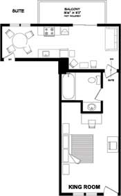 Floorplan for the one bedroom suite with king bed at the New Horizon Motel Christina Lake, B.C.